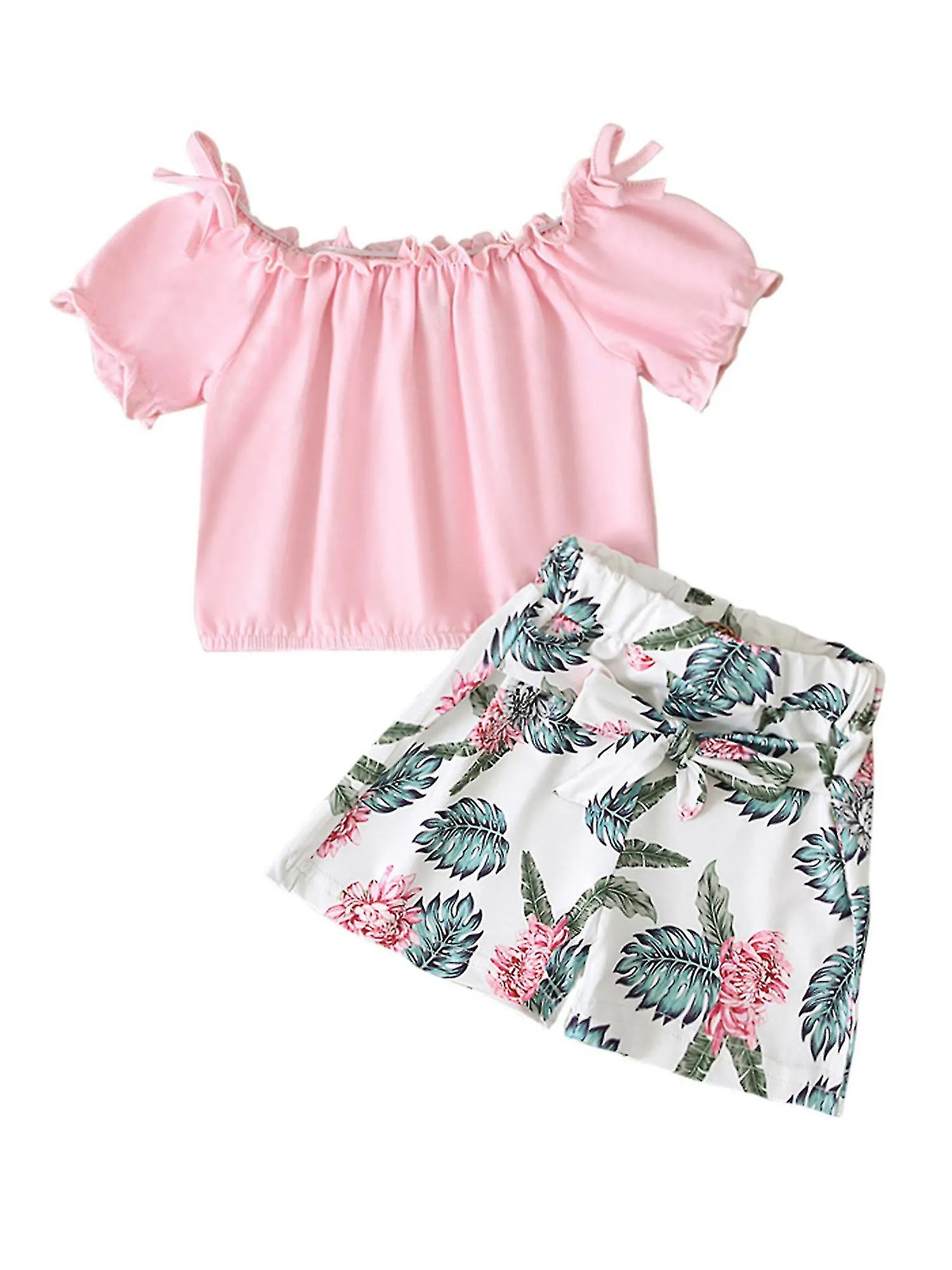 2-7 Years Girls Outfit Top And Floral Shorts Set-c