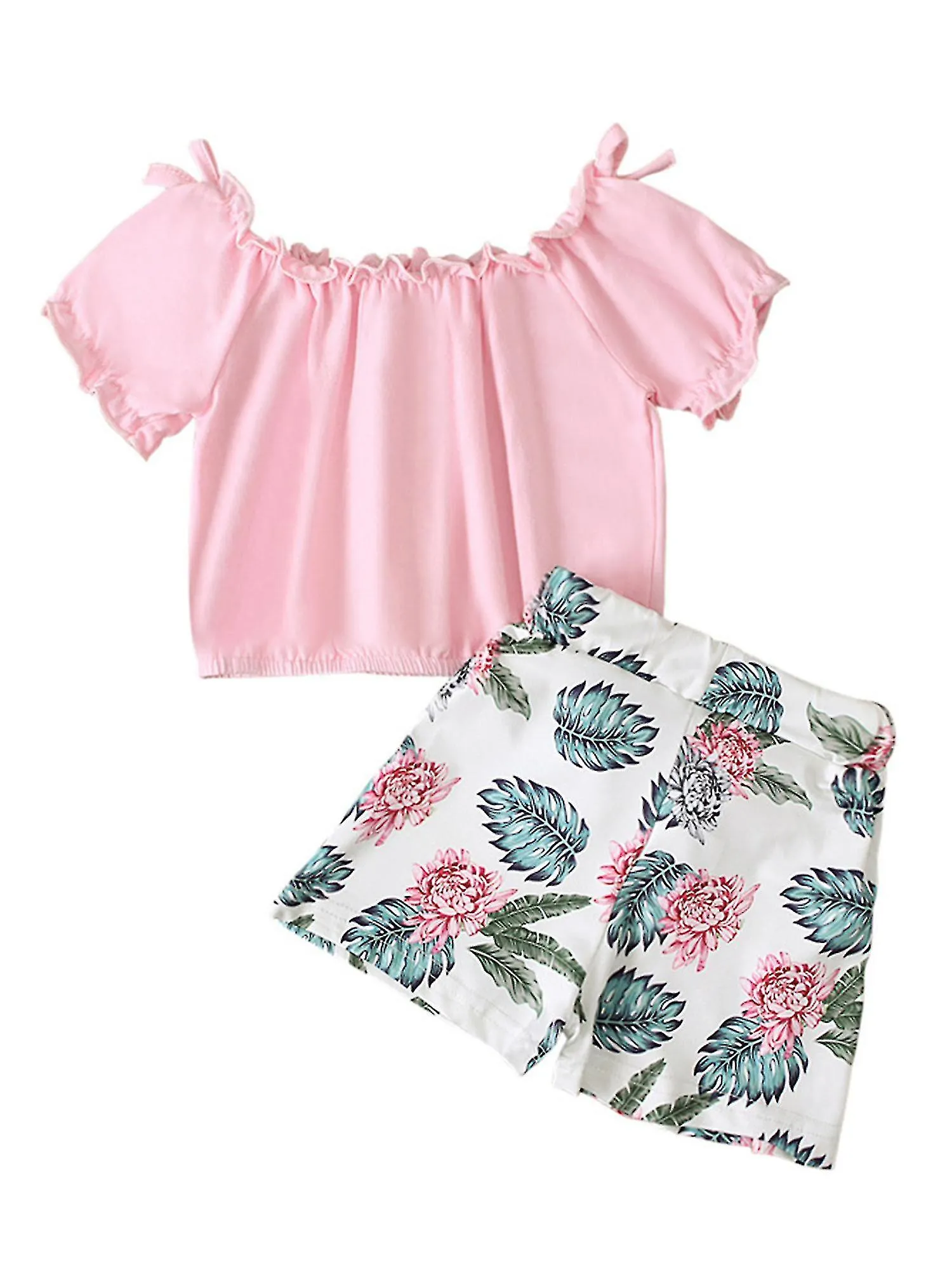 2-7 Years Girls Outfit Top And Floral Shorts Set-c