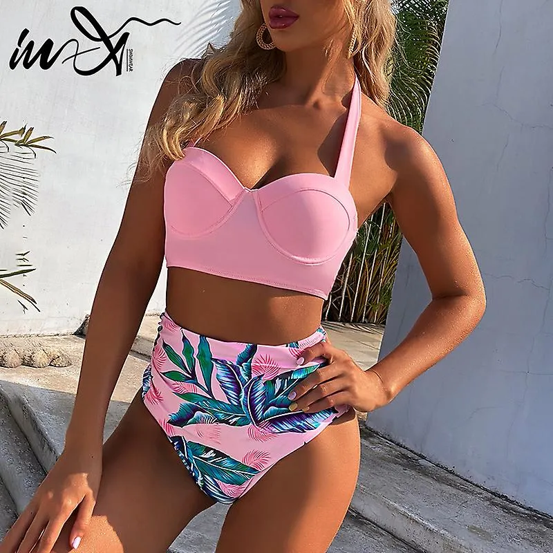 In-x Hoge Taille Bikini 2021 Leaf Print Badpak Vrouwen Push Up Badmode Vrouwelijke Halter Badpak Vintage Zwemmen Pak Biquini