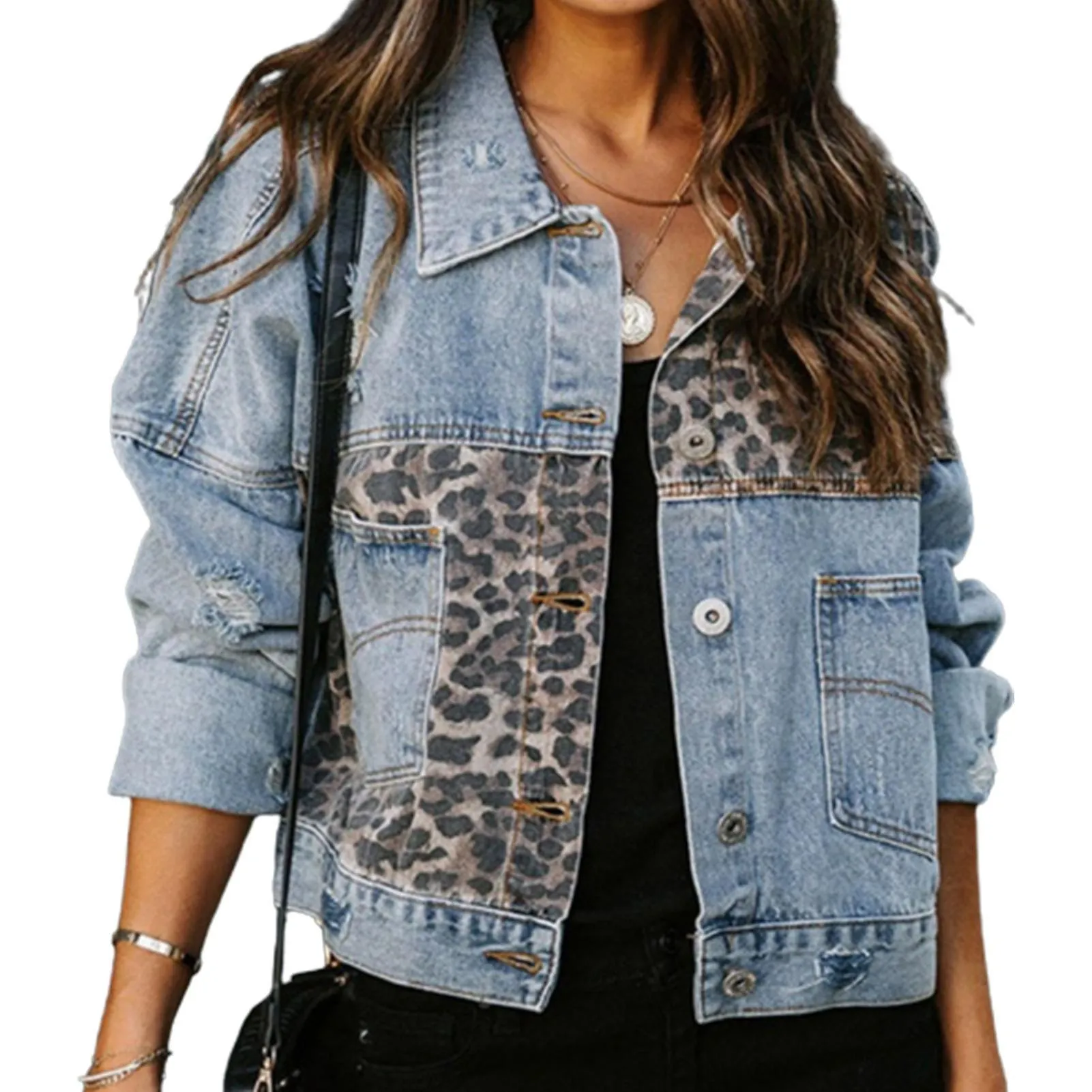 Mujer Plain Casual Jeans Coat Leopard Print Design Denim Jean Jacket For Home Vacation Travel Shopping