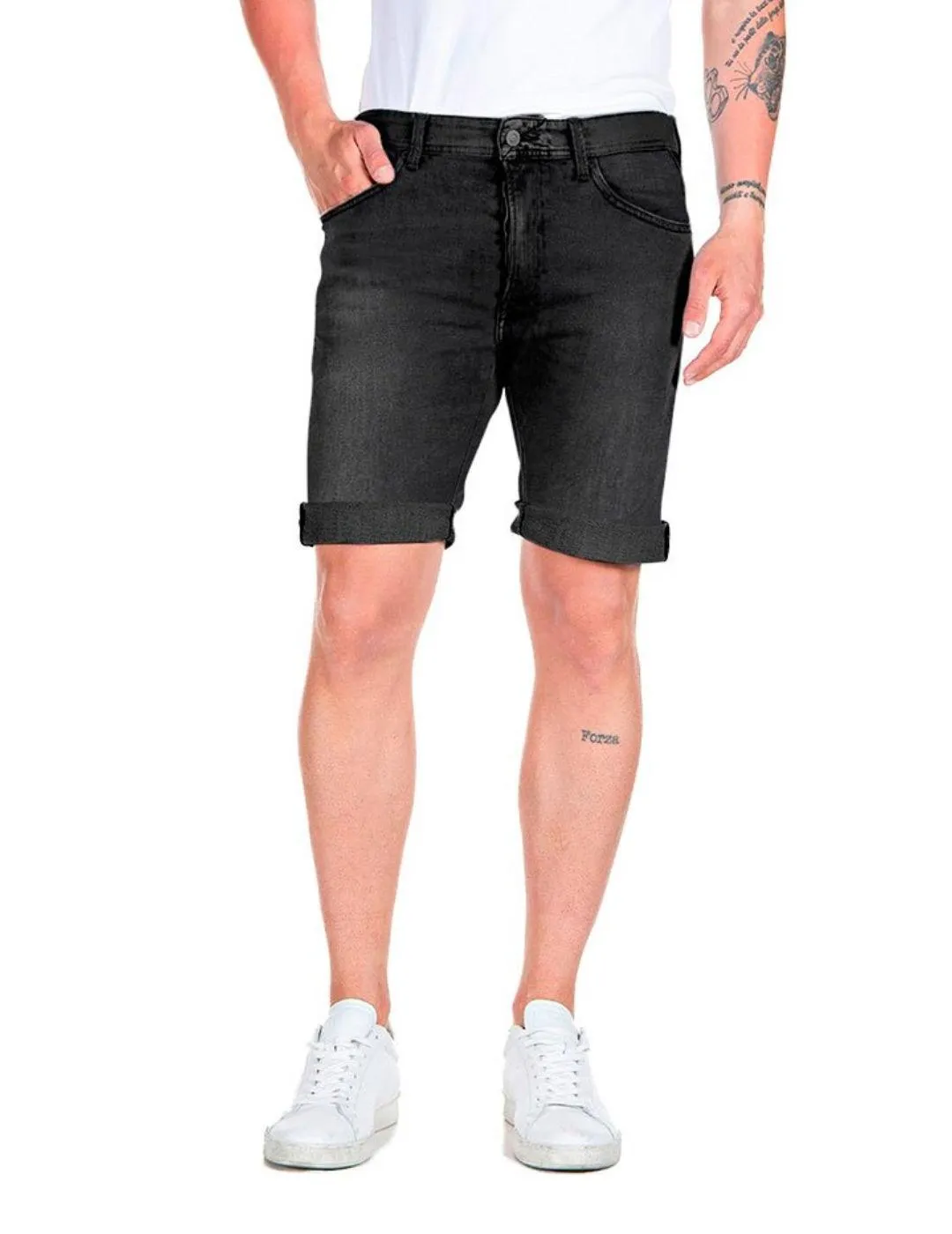 Shorts Replay negro elástico Slim con dobladillo de hombre