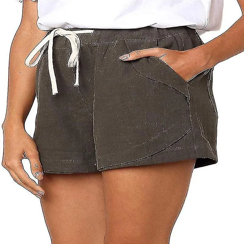 Women Cotton Linen Summer Drawstring Elastic Waist Shorts Pants