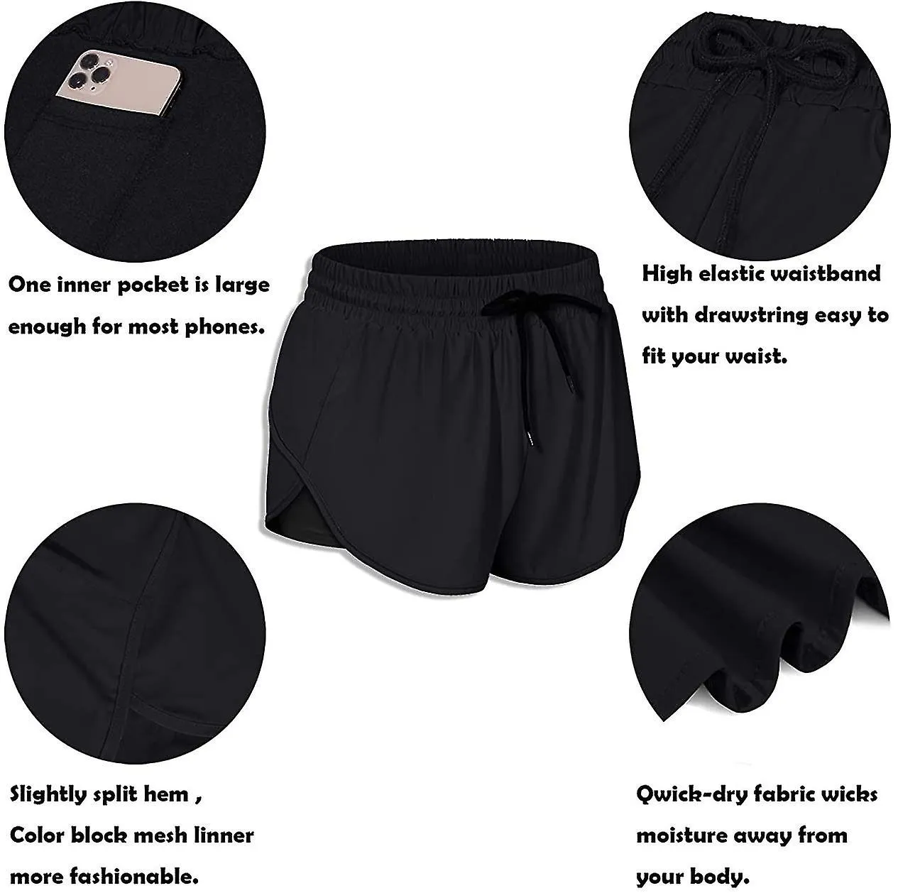 Women Drawstring Waist Athletic Running Shorts With Liner Inner Pocket$womens Double Layer Drawstring Elastic Waist Athletic Sho