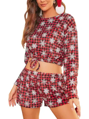 Women's 2pcs Long-sleeve Top And Shorts Pajama Set Floral Snowflake Print Suit