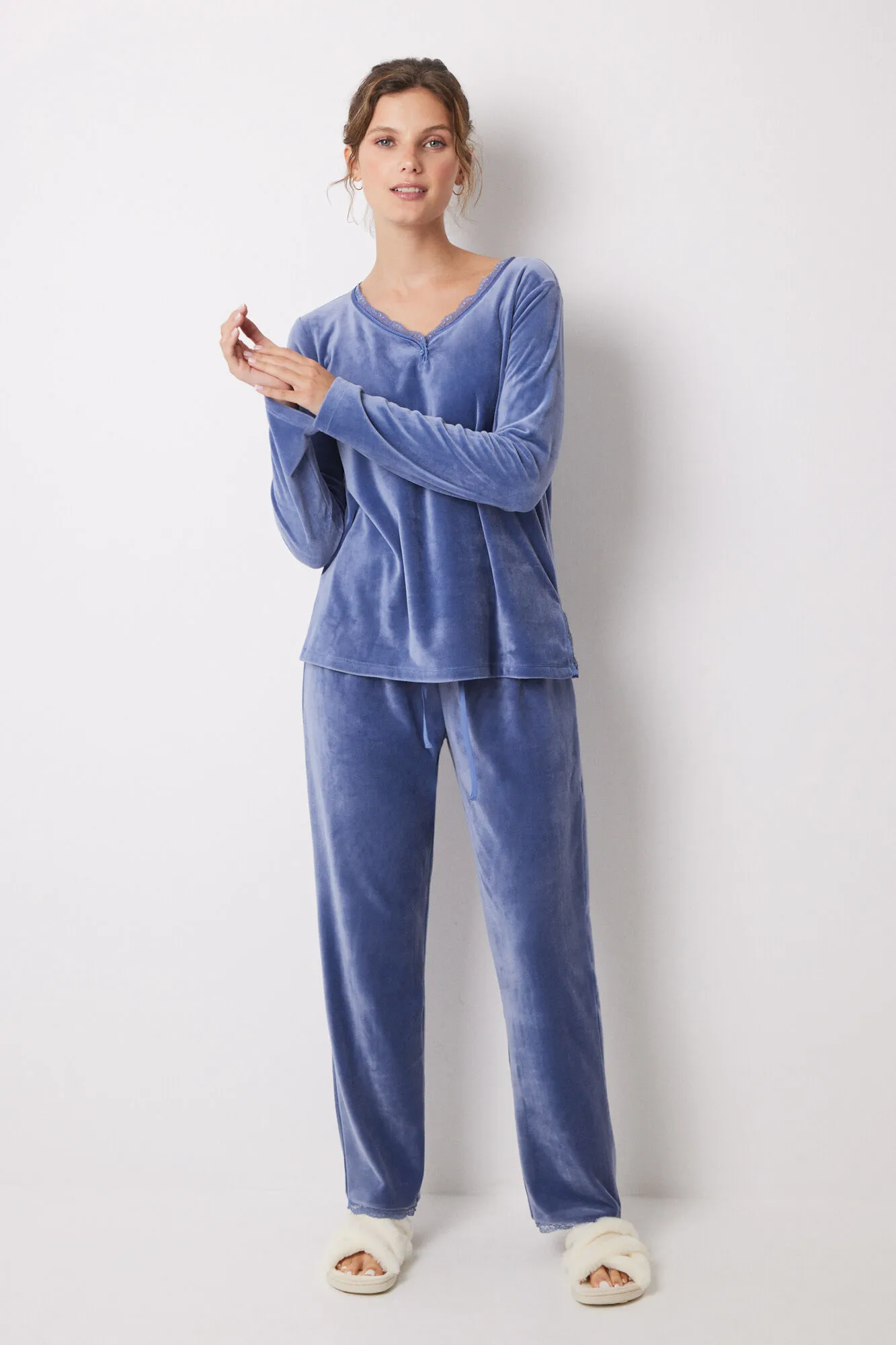 Women'secret Pijama largo terciopelo soft touch azul